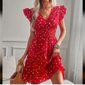 Boho Red Floral Ruffle Cap Sleeve V-Neck A-Line Swing Mini Sundress NWOT
